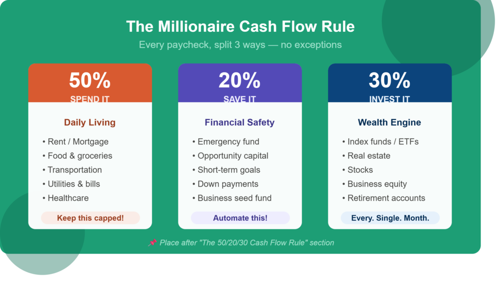 50 20 30 cash flow rule millionaires use to spend save and invest every paycheck for wealth building