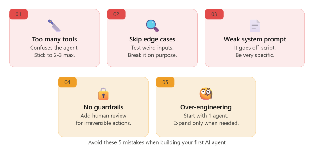 common mistakes when building AI agents in 2026 - too many tools no guardrails weak system prompt beginner guide