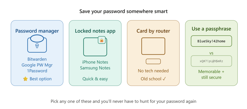 Alt: Best ways to save your WiFi password - password manager, locked notes app, written card near router, and memorable passphrase comparison