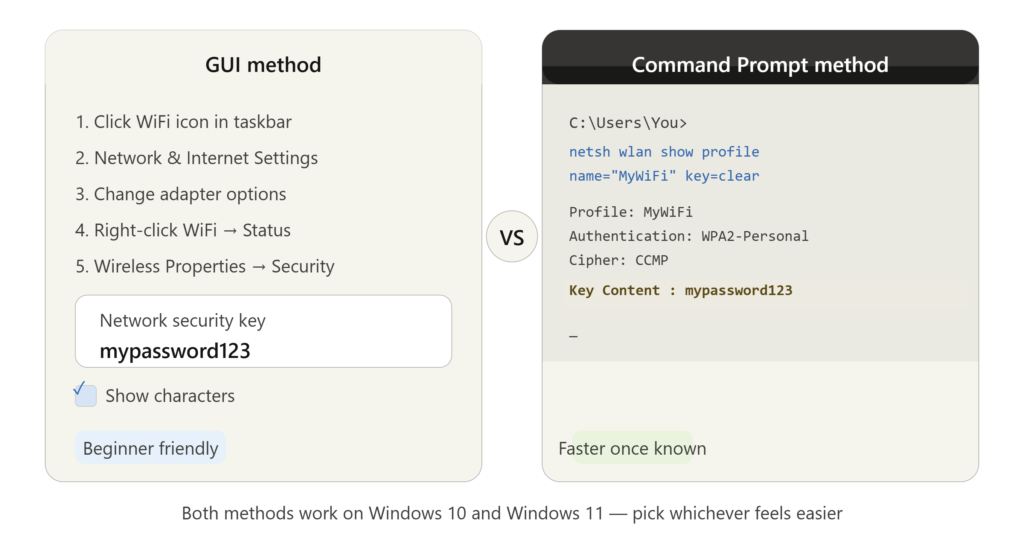 Alt: Two ways to find WiFi password on Windows - Network settings GUI method vs Command Prompt netsh wlan show profile key=clear method