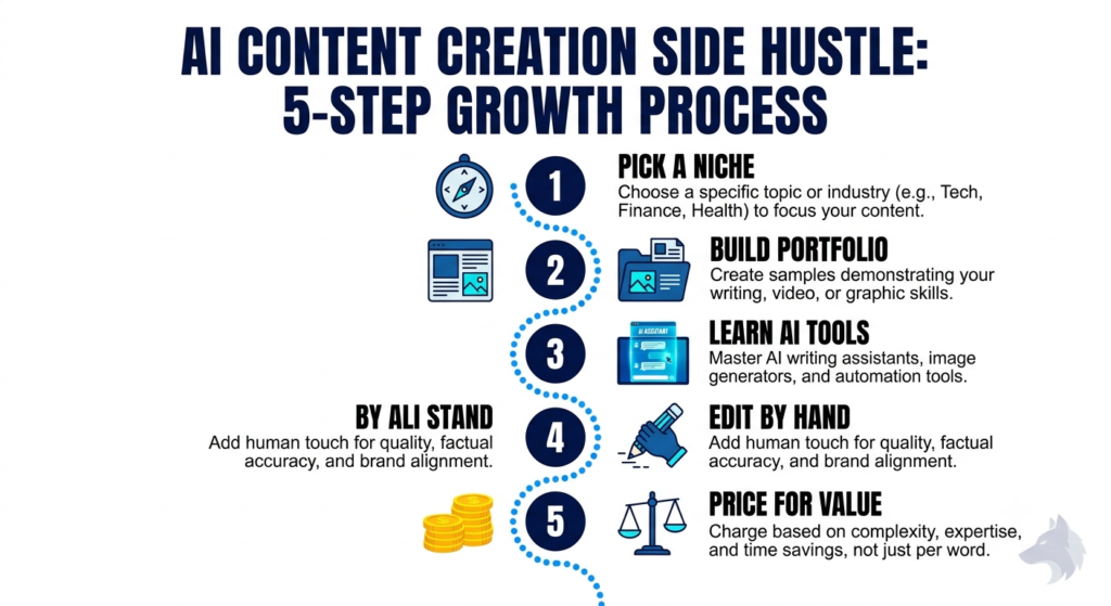 AI content creation side hustle 5 step process infographic
