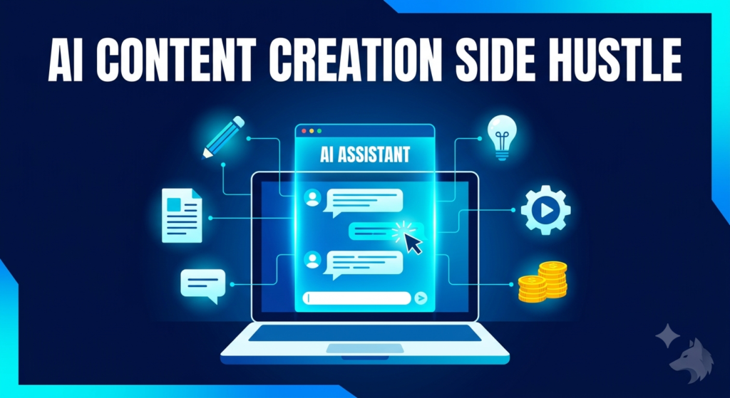 AI content creation side hustle laptop workspace illustration